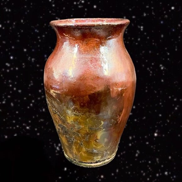 Vintage Raku Studio Art Pottery Vase Iridescent Glaze Hand Made Vessel Signed 5” - Picture 13 of 16